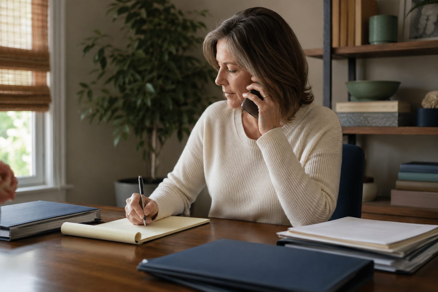 A patient advocate at a quiet desk, on the phone and writing notes in an organized case file