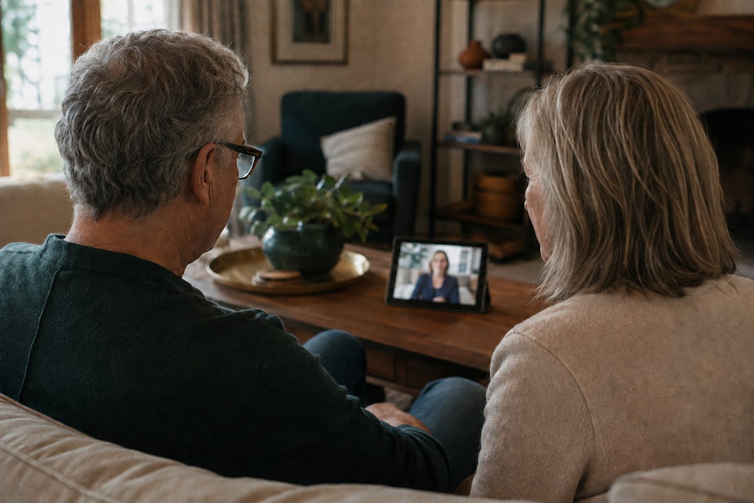 A couple at home in their living room on a video consultation with their advocate after a new diagnosis