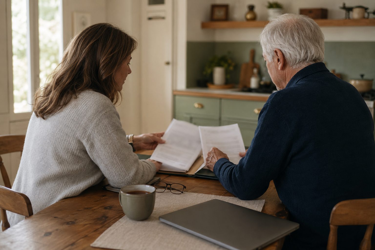 An adult daughter and her father calmly reviewing organized paperwork together at a kitchen table