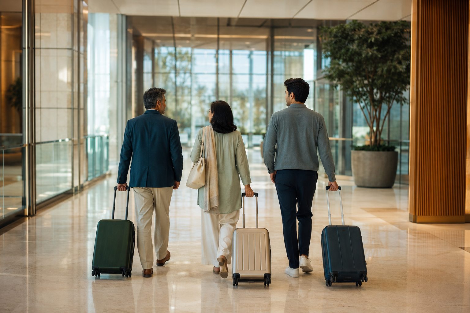 A family arriving with their luggage, travel handled and planned