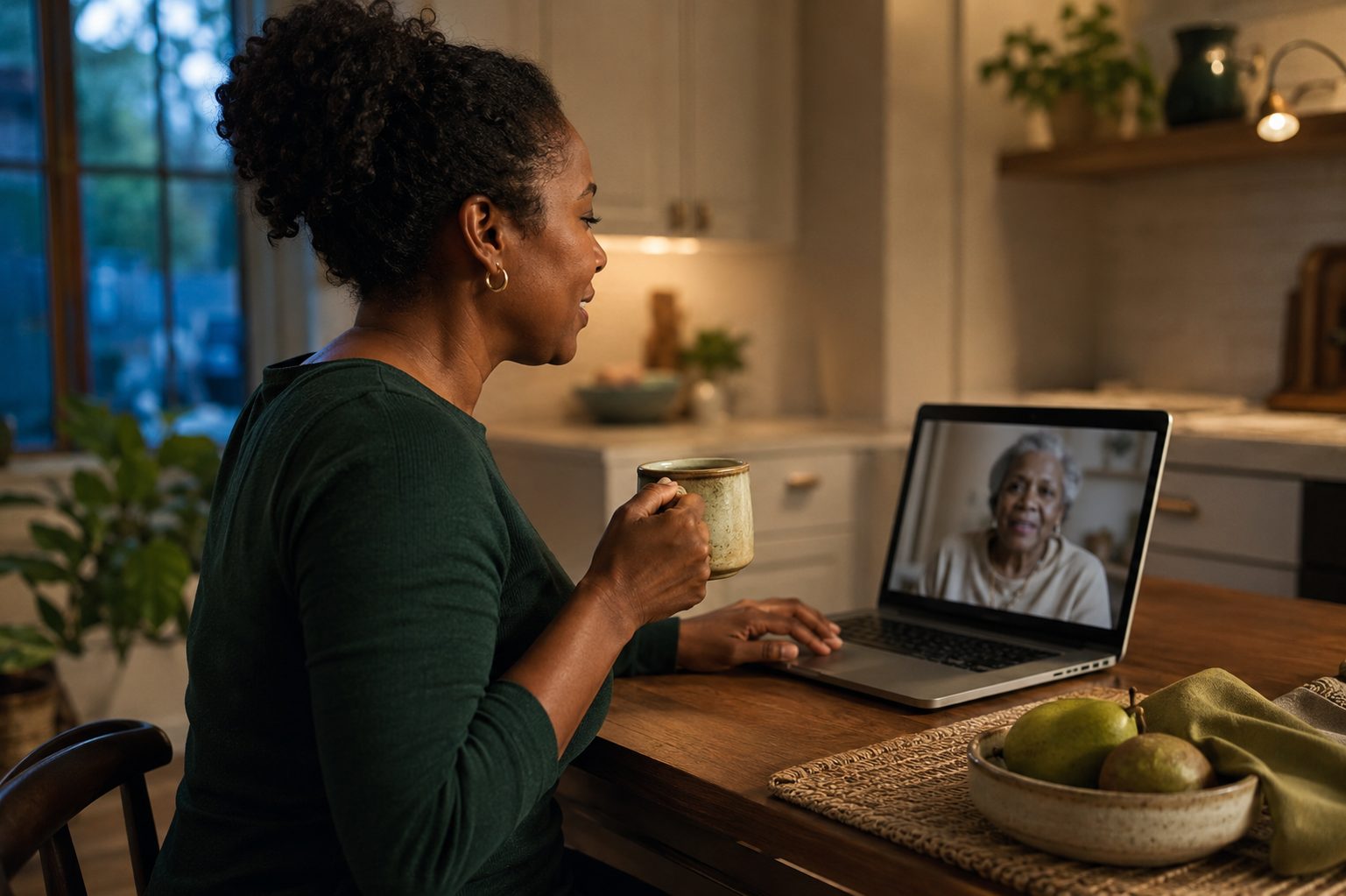 An adult daughter on an evening video call with her elderly mother, coordinating care from her kitchen