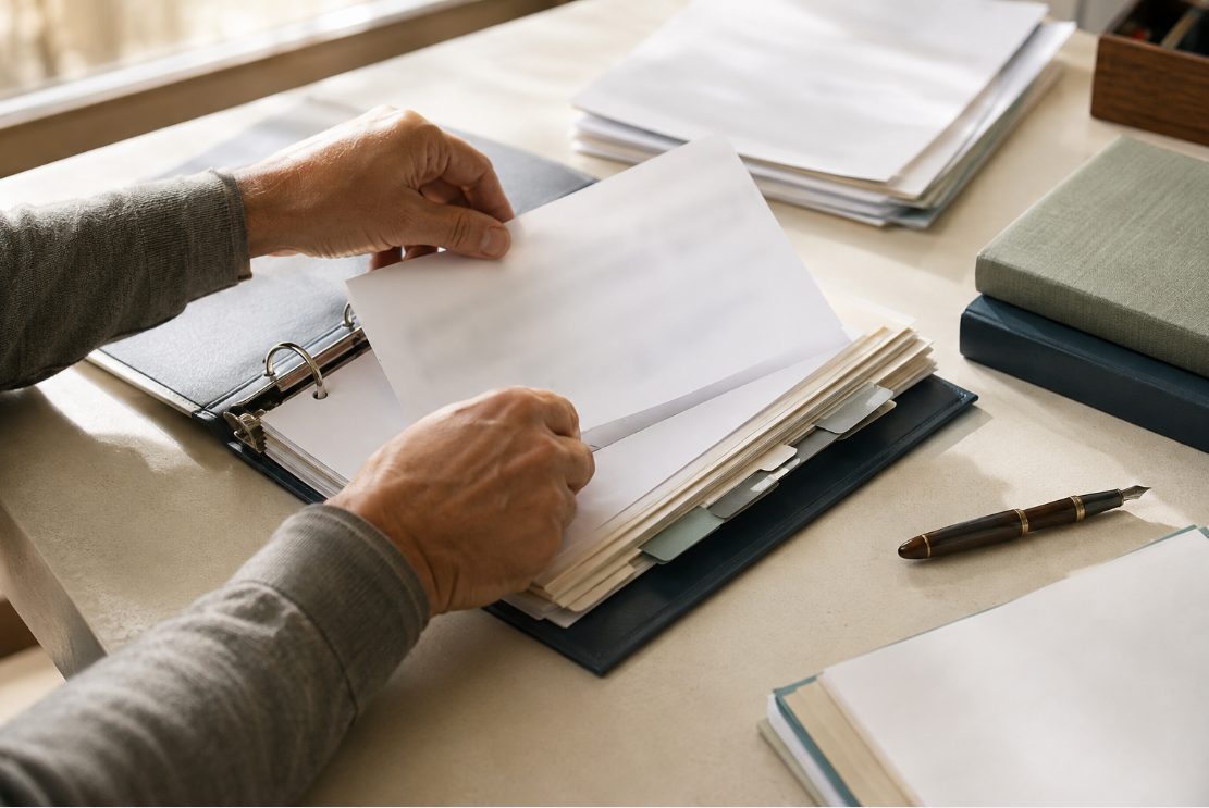 Hands organizing medical records into a tabbed binder on a desk